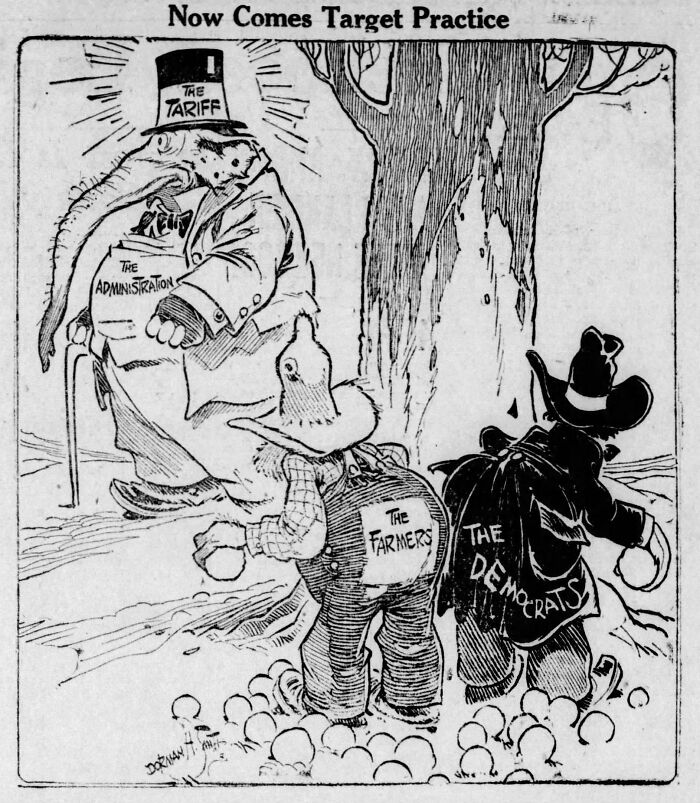 Aged Like Wine cartoon: elephant labeled Tariff/Administration as Farmers and Democrats pelt snowballs