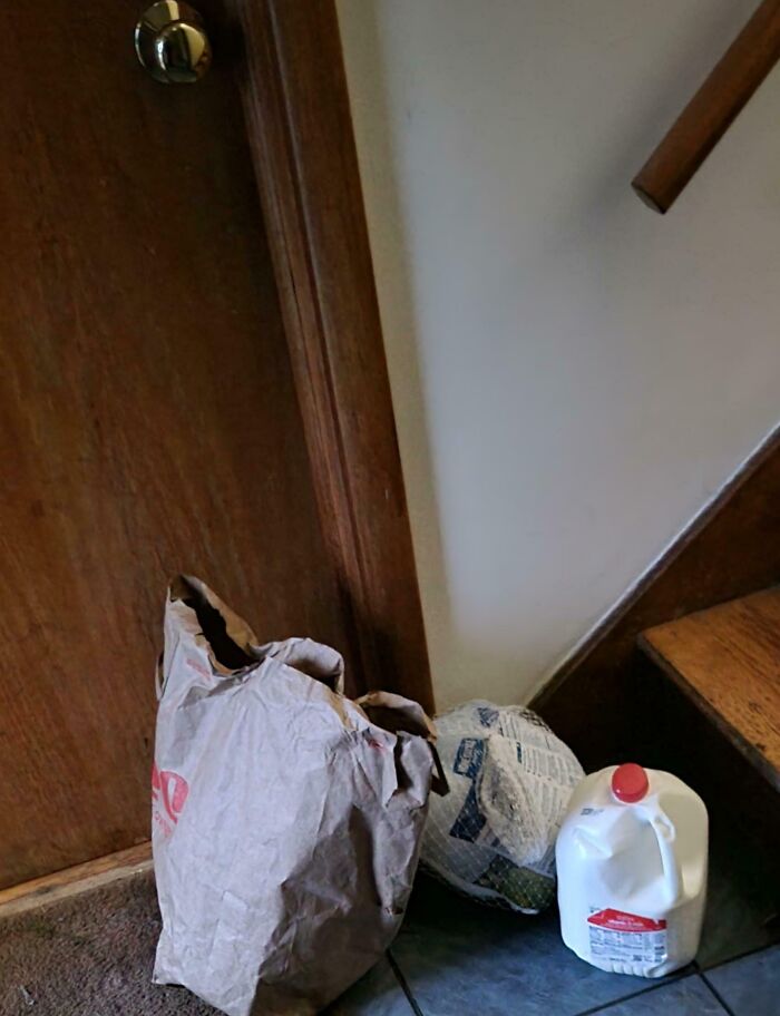 Paper bag, wrapped turkey, and a gallon of milk left at the doorstep by wholesome kind neighbors.