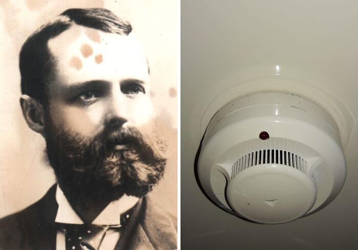Portrait of an inventor paired with a smoke detector, highlighting everyday inventions and their brilliant minds.