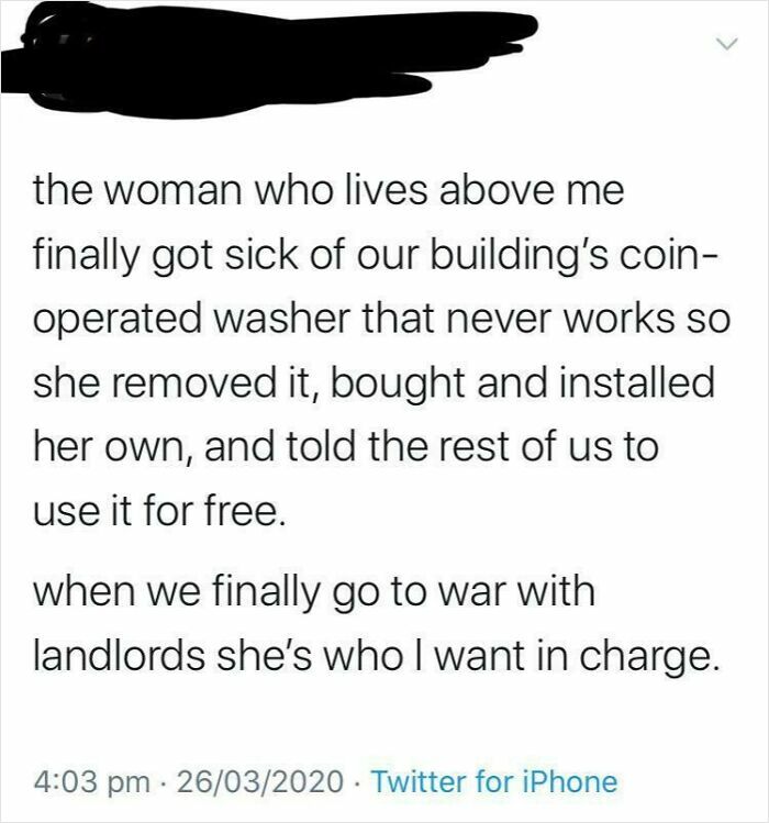 Tweet describing wholesome kind neighbors removing a broken coin-operated washer and sharing a free replacement in the building.