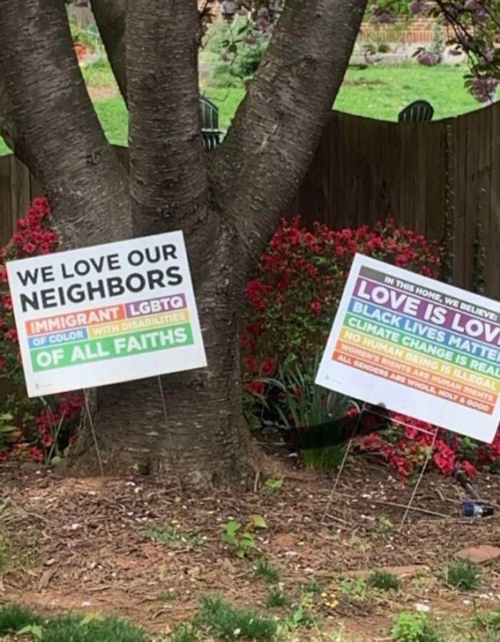 Yard signs expressing love and support for wholesome kind neighbors of all backgrounds and identities.