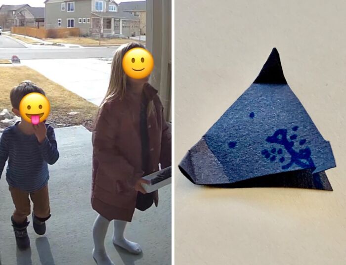 Two wholesome kind neighbors, children with smiley emojis, delivering a surprise gift on a doorstep outside a house.