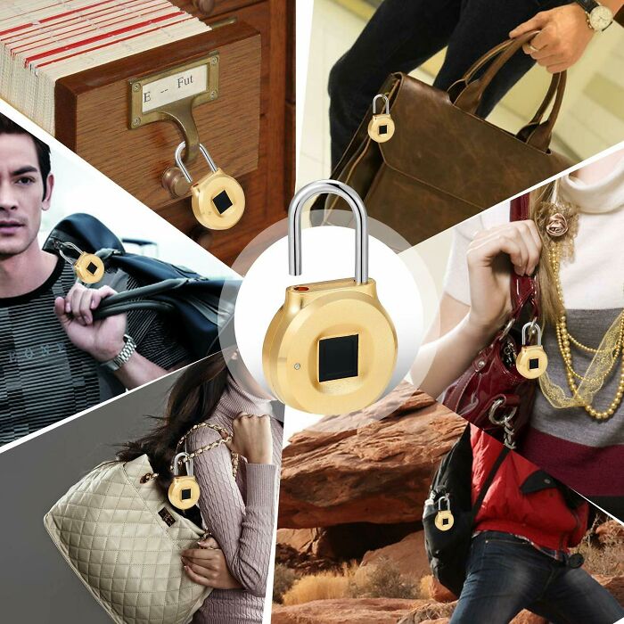 Collage showing multiple Photoshop fails of unrealistic fingerprint padlocks awkwardly attached to bags and objects.