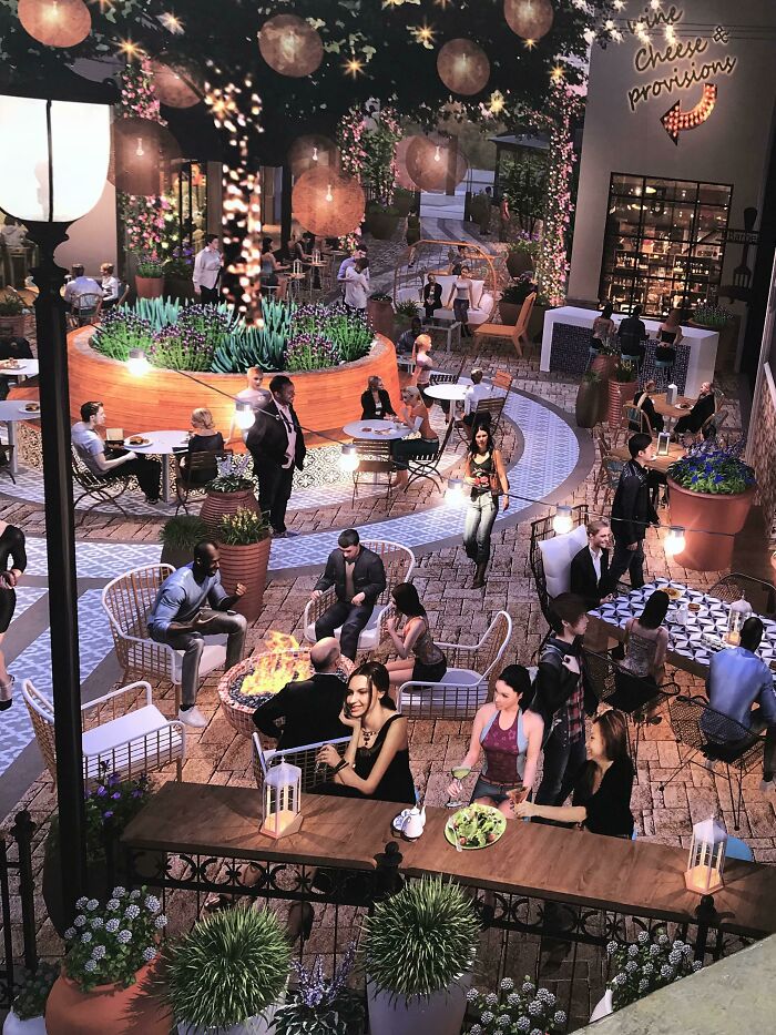 Outdoor dining scene with unrealistic proportions and lighting, showcasing some of the worst Photoshop fails in digital images.