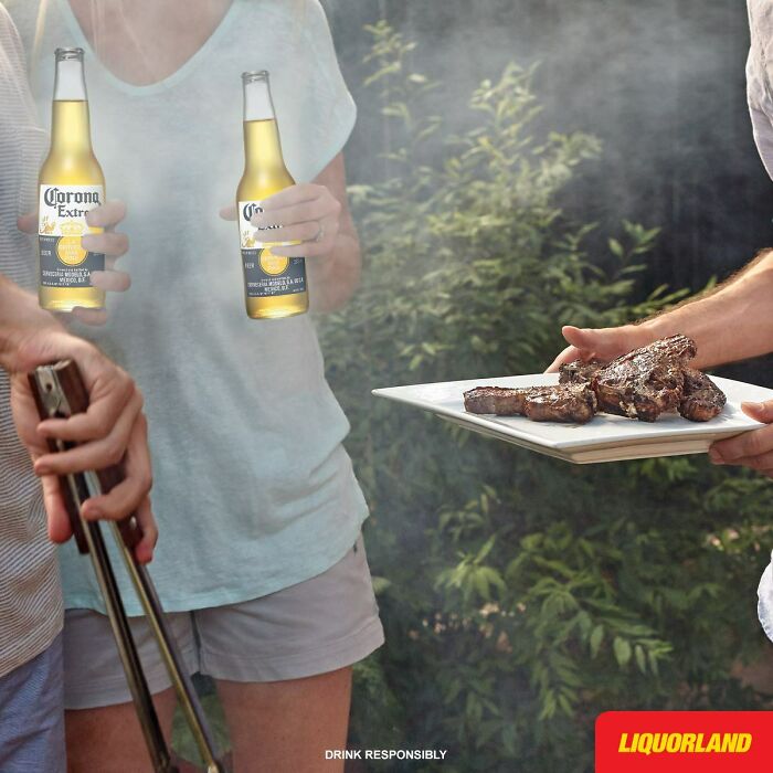 Person holding two identical beer bottles with a duplicated hand visible, a notable Photoshop fail at a barbecue scene.