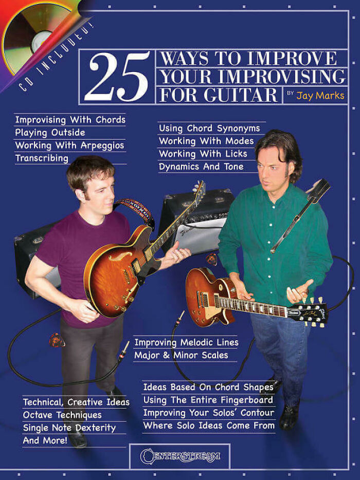 Two men holding guitars with awkward Photoshop fails creating disconnected guitar cables and floating guitar parts.