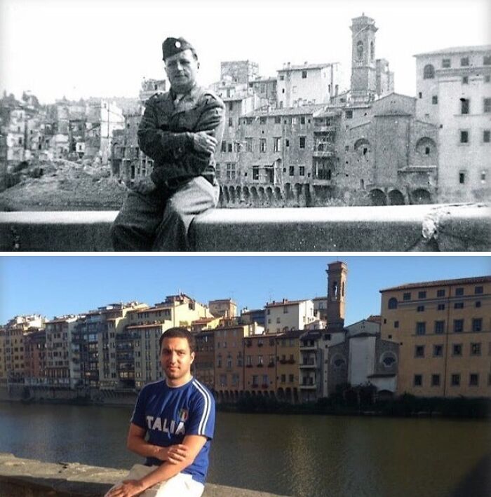 Black and white and color photos of a man sitting by a river with historic buildings behind, showing unfamiliar parts of history.