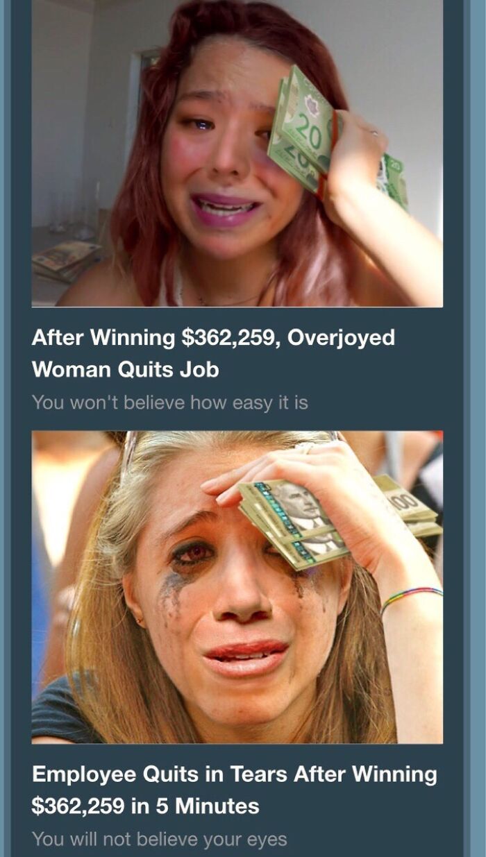 Two women with poorly edited money wiping their faces, showcasing Photoshop fails that are hard to believe.