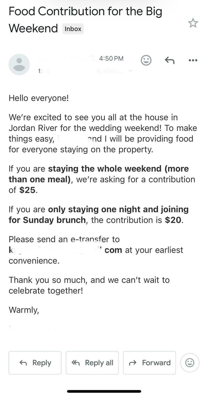 Email about food contribution requests for guests attending a wedding weekend at Jordan River property.