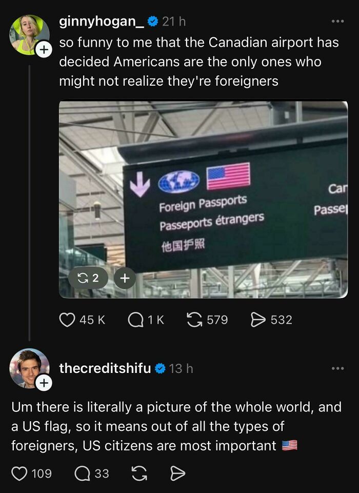 Tweet discussing American confusion at a Canadian airport sign labeled foreign passports with a US flag, reflecting dumbest things posted.