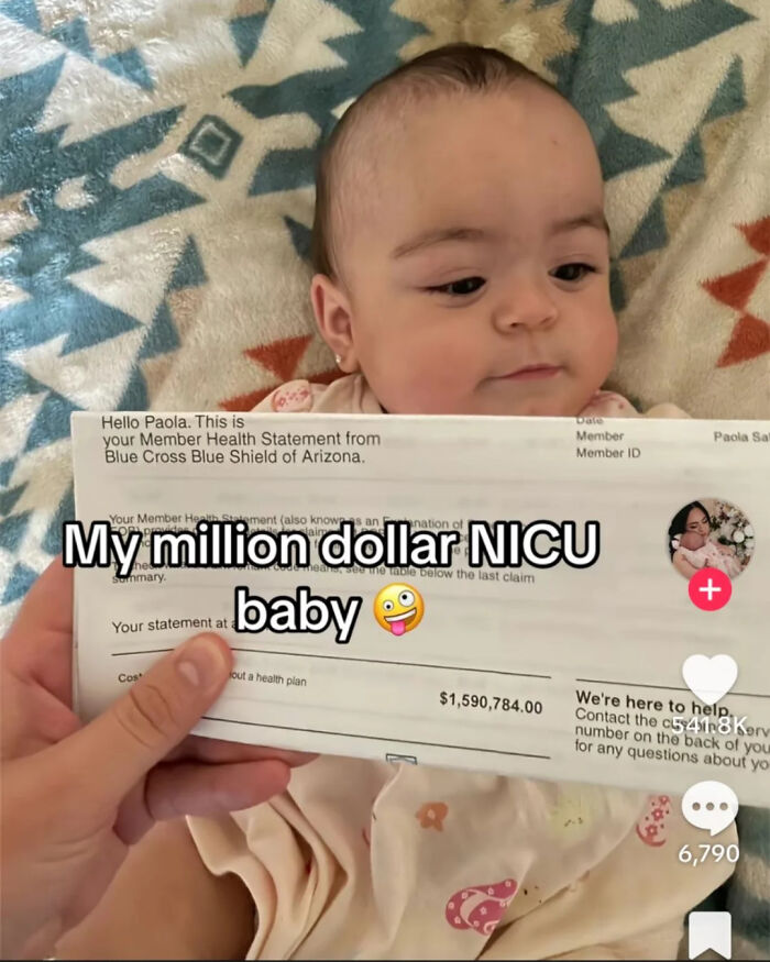 A baby lies on a patterned blanket, a health statement showing a $1.5 million NICU bill held in front, showcasing an expensive accident.