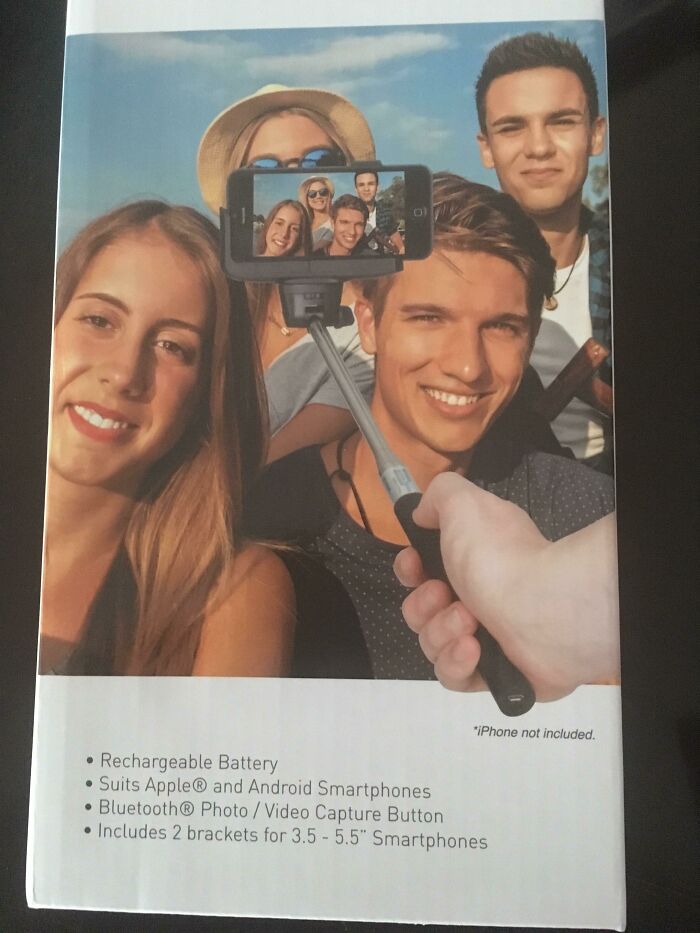 Group taking a selfie with a selfie stick showing a repeated frame error, illustrating common Photoshop fails.