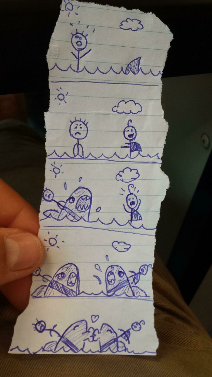 Hand-drawn comic strip on paper showing humorous scenes with stick figures and sea creatures reminding us not to take life seriously.
