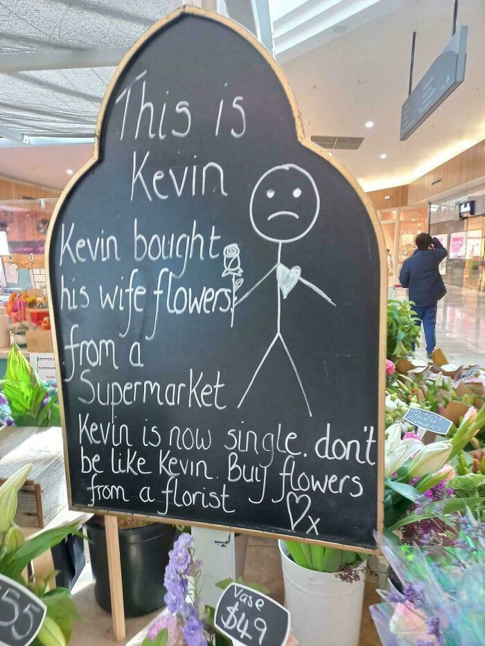Chalkboard sign at a florist with a funny message about buying flowers from a florist, highlighting random notes and signs.