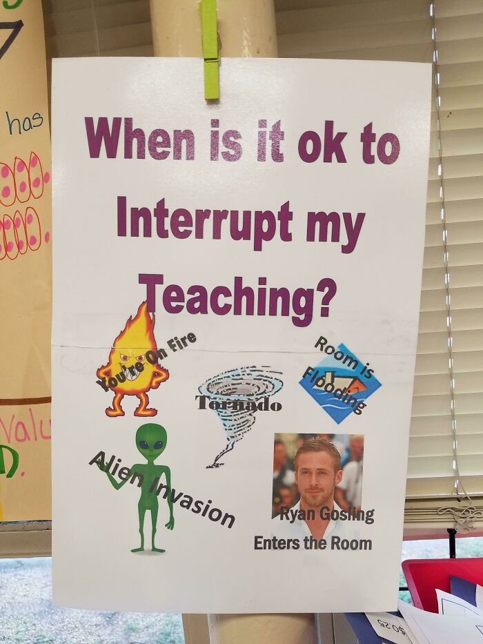 Funny random note in a classroom about when it is okay to interrupt teaching with quirky signs and messages.