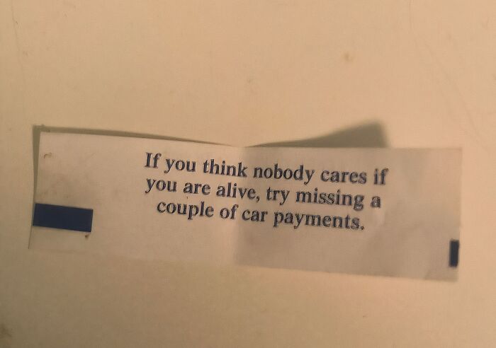 Fortune cookie slip with a humorous note reminding us not to take life too seriously in random messages.
