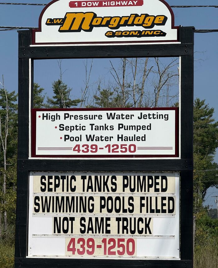 Funny roadside sign about septic tanks and swimming pools with humor reminding us not to take life too seriously.