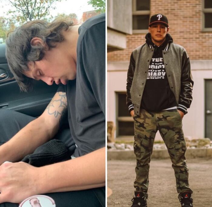 Side-by-side before and after photos showing recovery and rebuilding lives transformation in a young man.