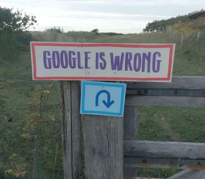 Funny sign reading Google is wrong on a wooden fence, part of random notes and messages reminding us not to take life seriously