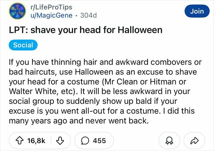 Reddit tip suggesting shaving your head for Halloween as a clever life hack to avoid awkward hair situations.