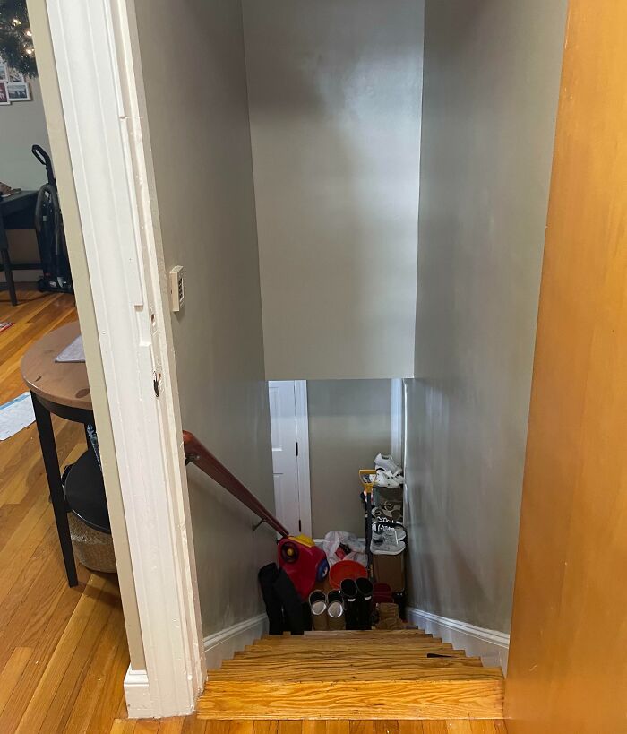 Clutter blocking the staircase, showing selfish people losing common decency and making life harder for everyone else.