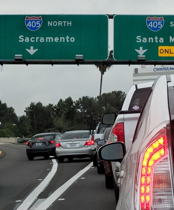 Traffic jam on Interstate 405 with selfish drivers losing common decency and causing delays for everyone else.