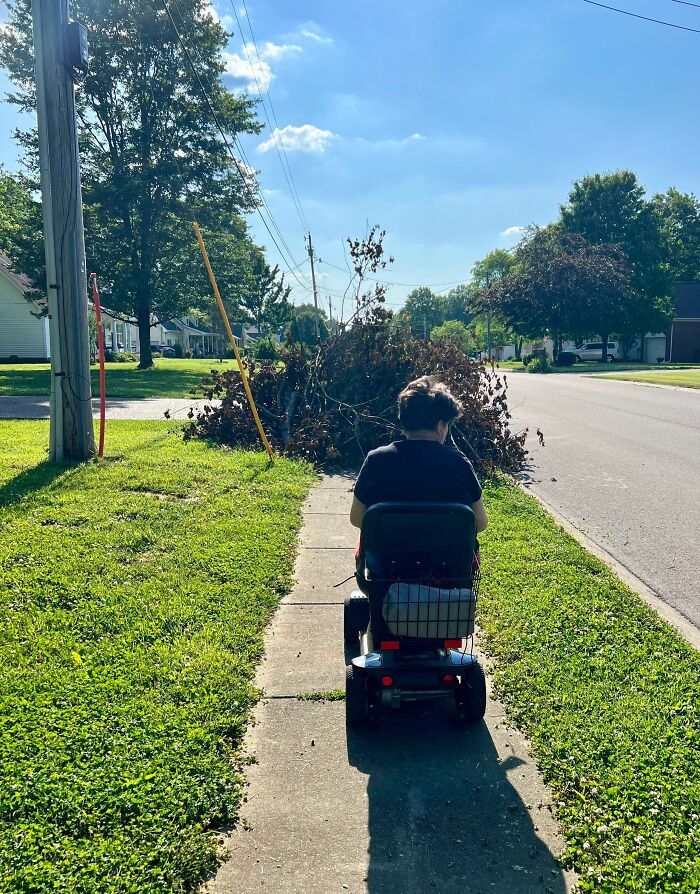 Person on mobility scooter blocked by pile of branches on sidewalk, showing selfish people causing hardship for everyone else.