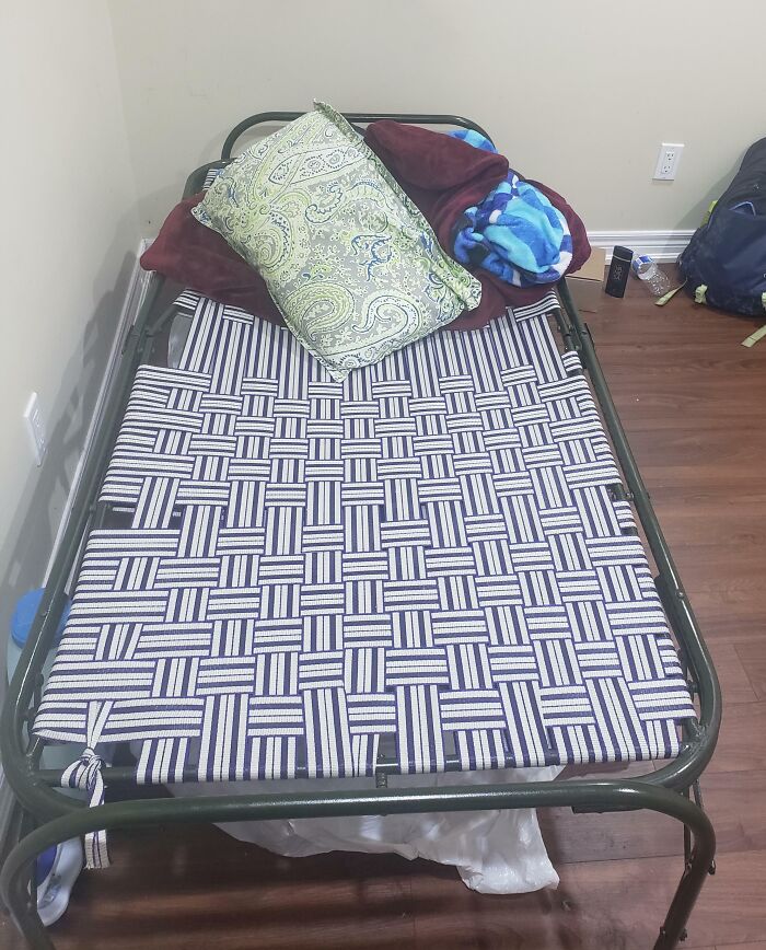 Worn bed frame with missing mattress and pillows showing selfish people lost all common decency in daily life struggles.