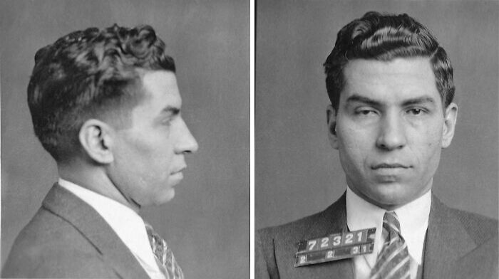 Vintage black and white mugshots of a notorious mob boss, showing front and side profile for criminal records.