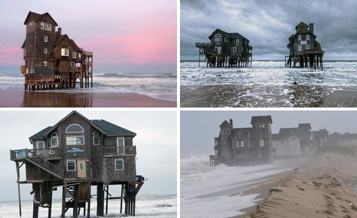 Unusual stilt houses on the beach captured in stormy and calm weather, showcasing bizarre things found at the beach.