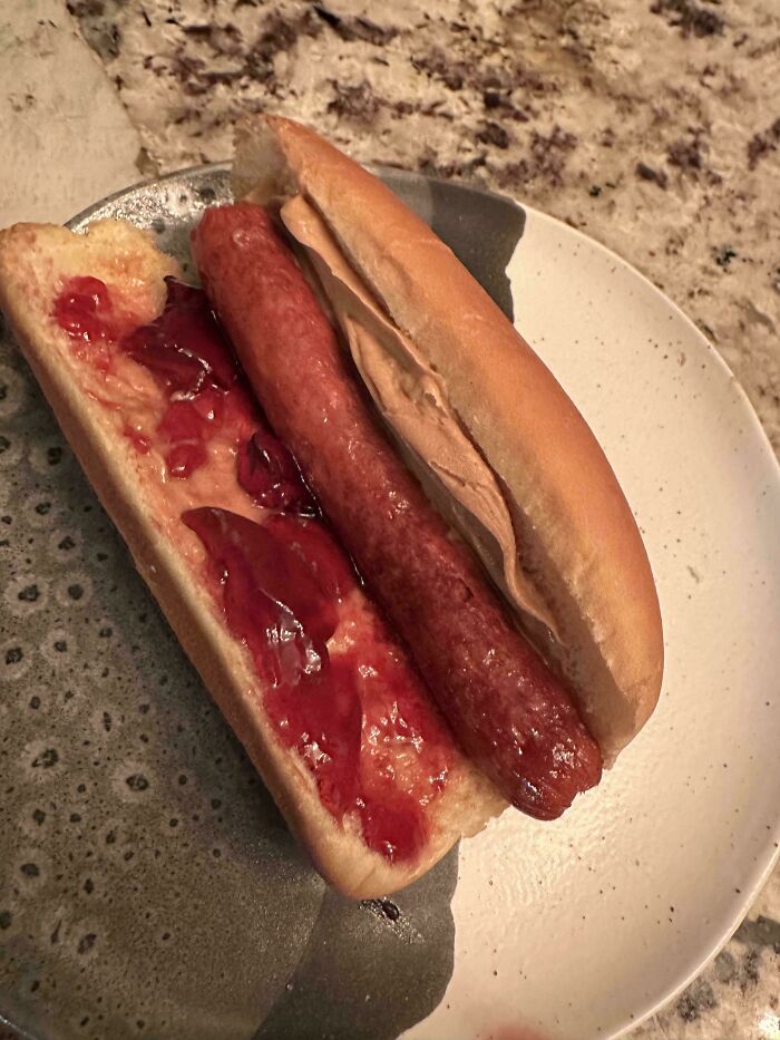 Hot dog with peanut butter and jelly on a bun, an unusual restaurant order keeping workers straight-faced