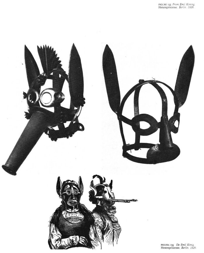 Black and white photo of bizarre historical masks and costumes from the 1926 Hexenprozesse witch trials.