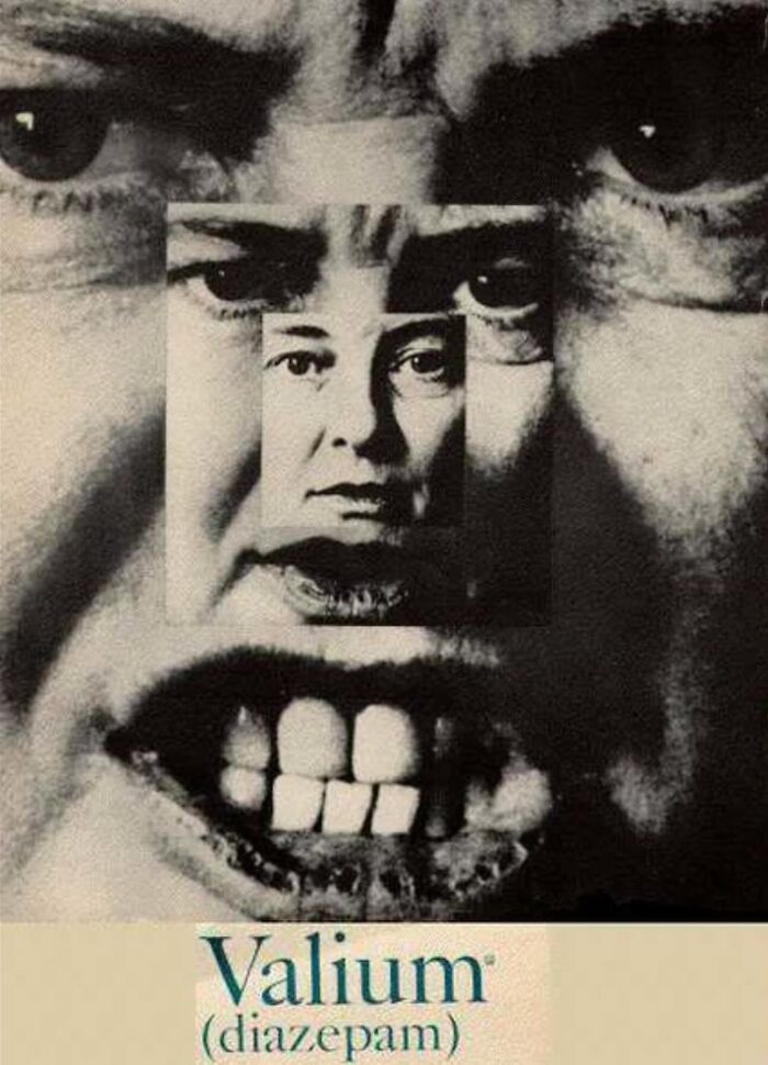 Surreal vintage Valium advertisement showing distorted faces in a weird history image reflecting past perspectives.