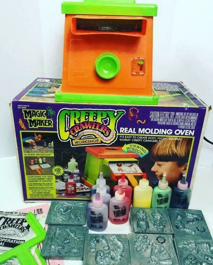 ’90s Creepy Crawlers toy set with real molding oven, colorful liquid molds, and vintage packaging for nostalgic memories.
