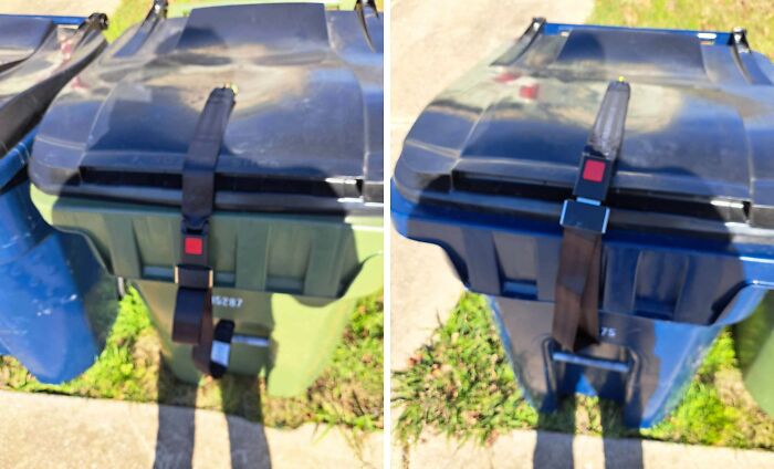 Black trash bin lids secured with adjustable straps outdoors, demonstrating genius life hacks for practical use.