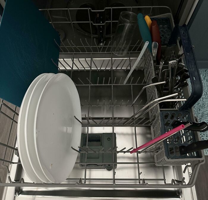 Open dishwasher loaded with plates, utensil holders, and cutlery demonstrating genius life hacks for organization.