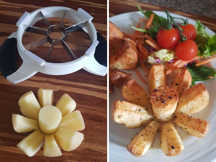 Apple slicer cutting fruit into segments next to cooked seasoned potato wedges arranged like a flower, showcasing genius life hacks.
