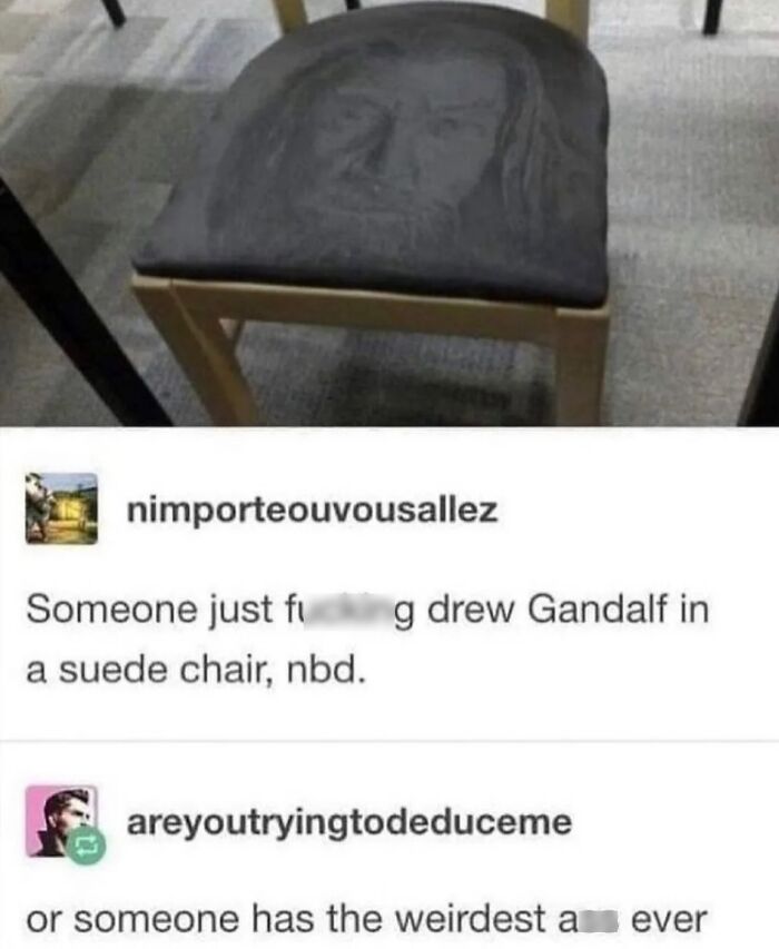 A suede chair cushion with a pattern resembling Gandalf from Lord of the Rings, featured in a hilarious meme.