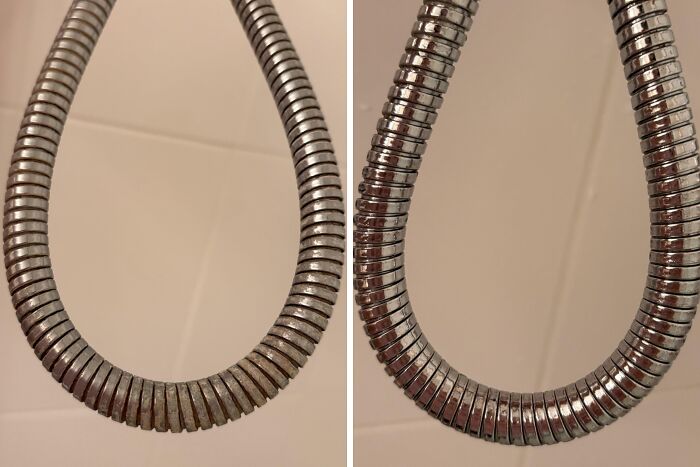 Before and after cleaning a metal shower hose, demonstrating a genius life hack that people actually use for shine and rust removal.