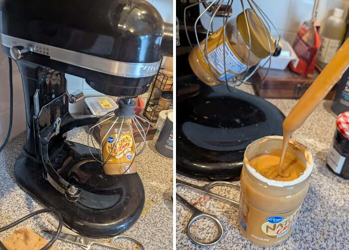 Stand mixer used to stir peanut butter jar demonstrating genius life hacks people actually use in kitchen setup.