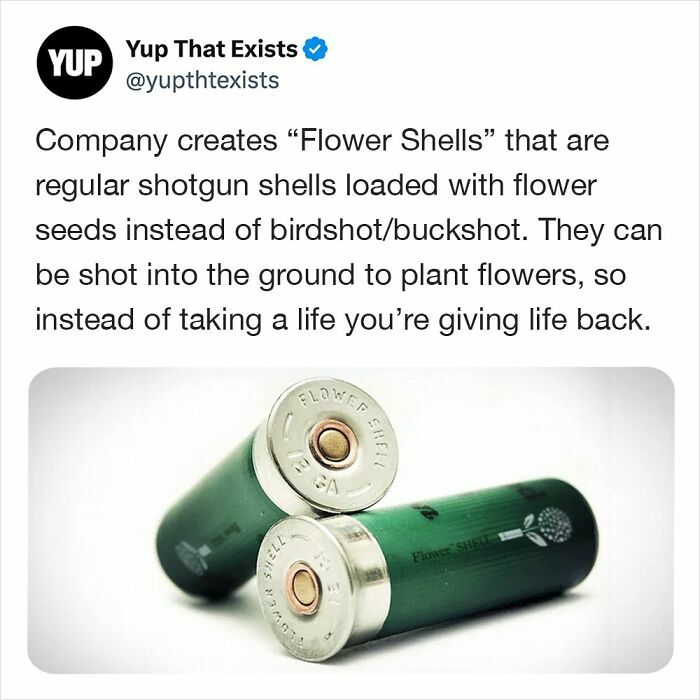 Green s*****n shells labeled flower shells contain flower seeds for planting instead of traditional ammunition.
