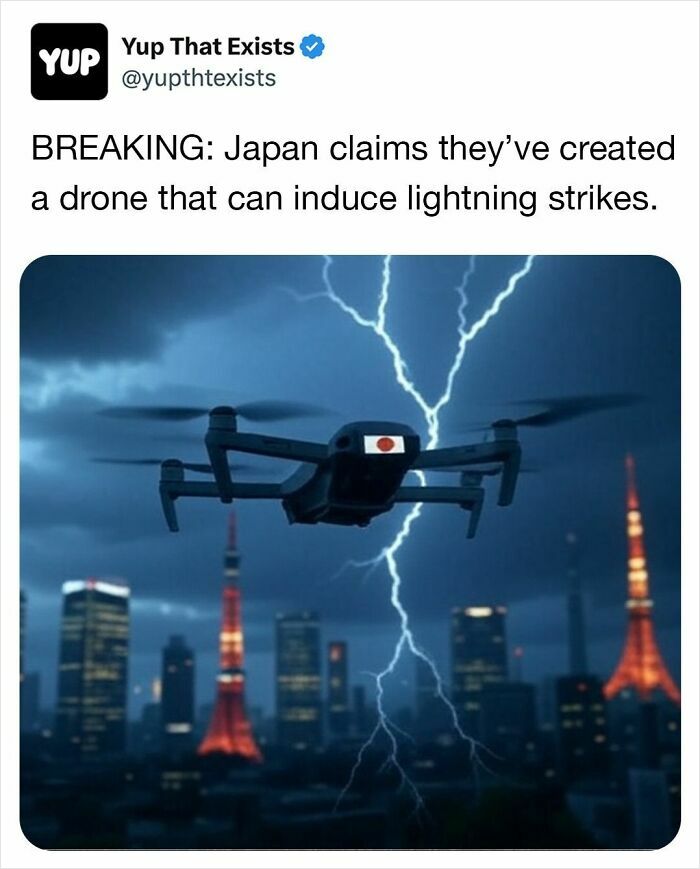 Drone flying over a cityscape at night with lightning strikes, illustrating a weird but real technology innovation.