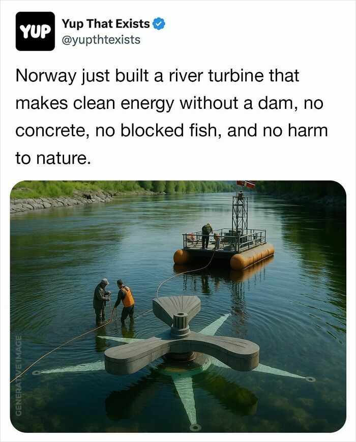 River turbine in Norway generating clean energy without a dam, concrete, or harm to fish and nature, innovative renewable technology.
