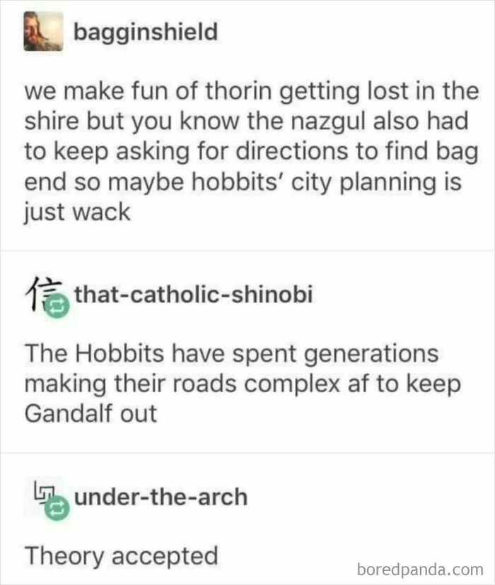 Funny Lord of the Rings meme discussing Hobbit city planning and complex roads to keep Gandalf out.
