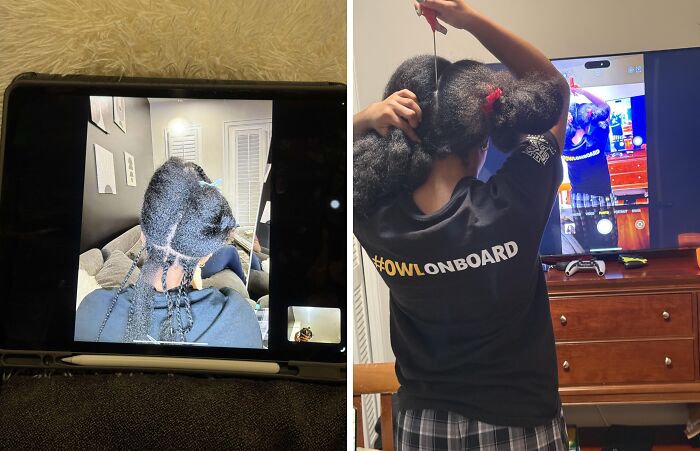 Person using a mirror and phone to see the back of their head, demonstrating a genius life hack in hair styling.