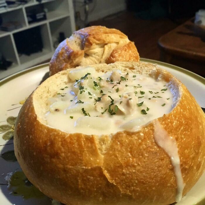 Creamy soup served in a bread bowl showcasing a classic restaurant order that tested workers’ patience with unusual requests.