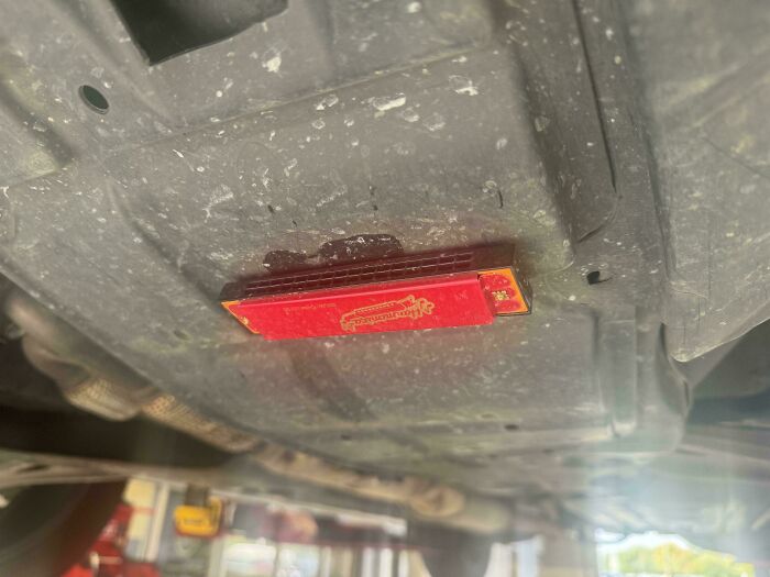 Car mechanic taking a photo of unusual red object stuck under a vehicle to prove the unexpected find.