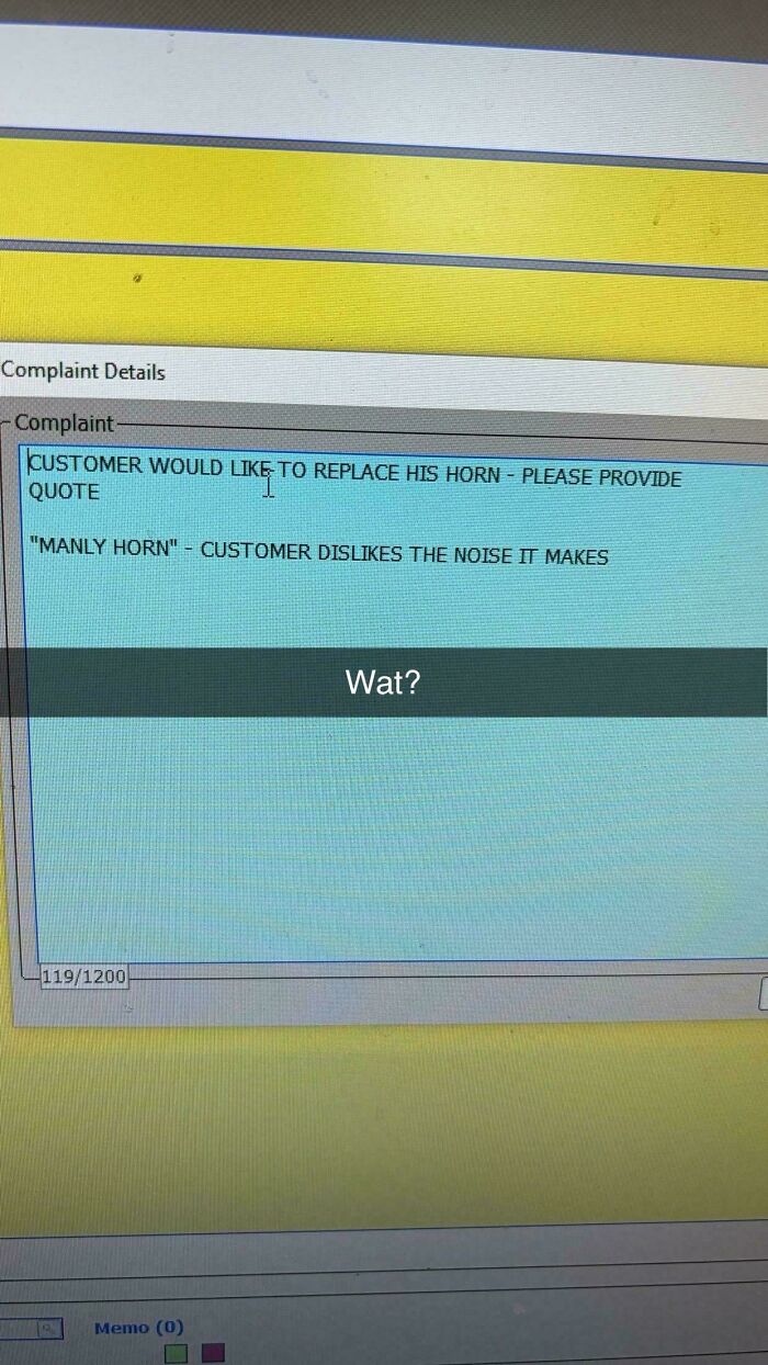 Car mechanic's screenshot showing a customer complaint about replacing a "manly horn" disliked for its noise.