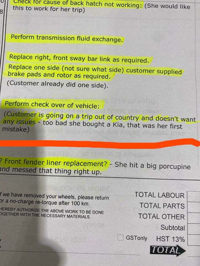 Car mechanics work order showing highlighted notes on transmission, brake pads, sway bar link, and fender liner replacement.