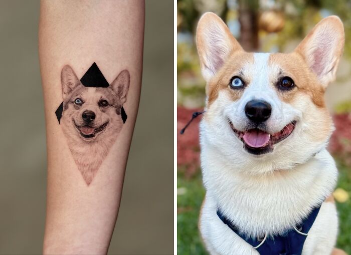 Realistic pet tattoo of a happy dog with heterochromia on forearm, showcasing detailed pet tattoo art by Yeono.